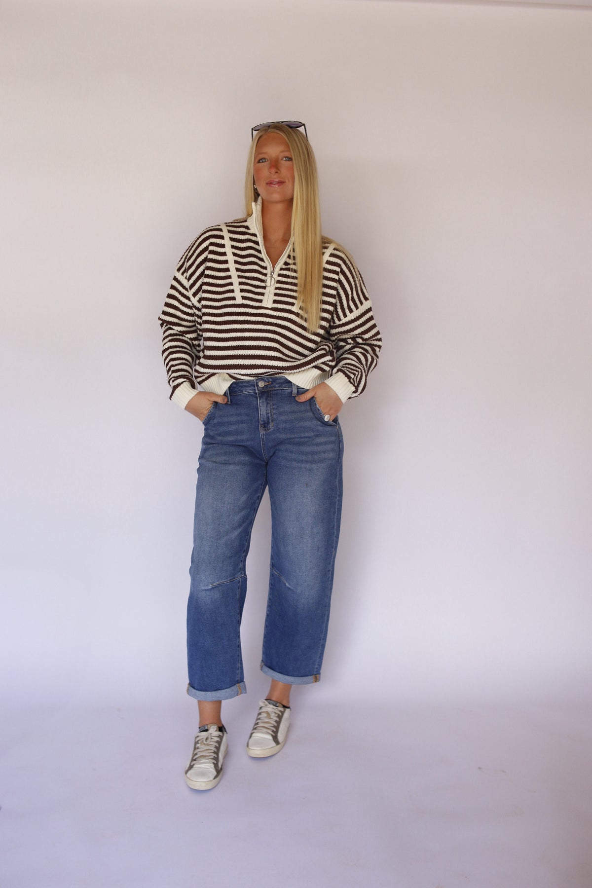 Riley Half-Zip Striped Sweater - Brown