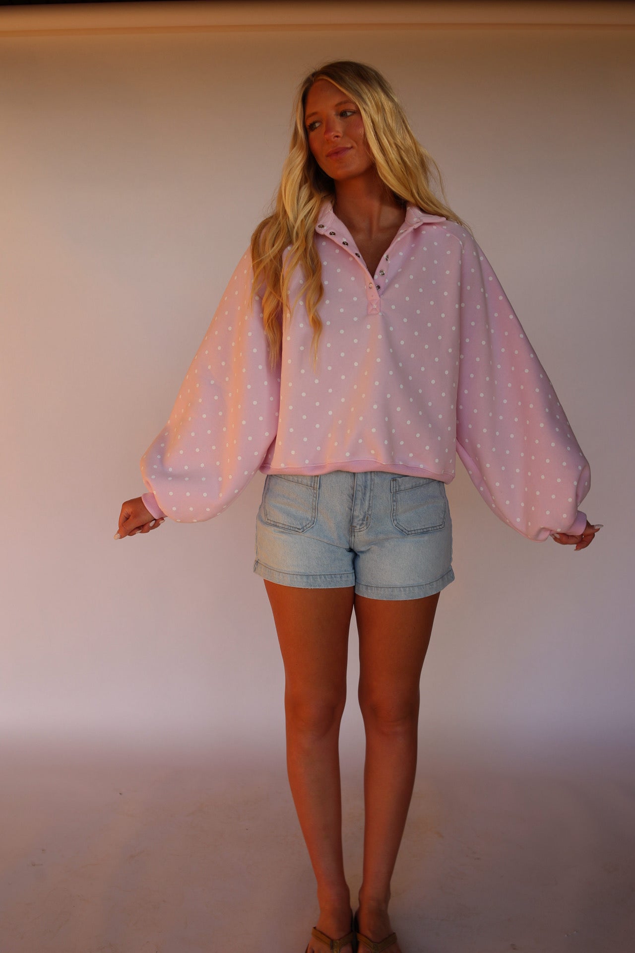 Polka Dot Button Pullover - Pink