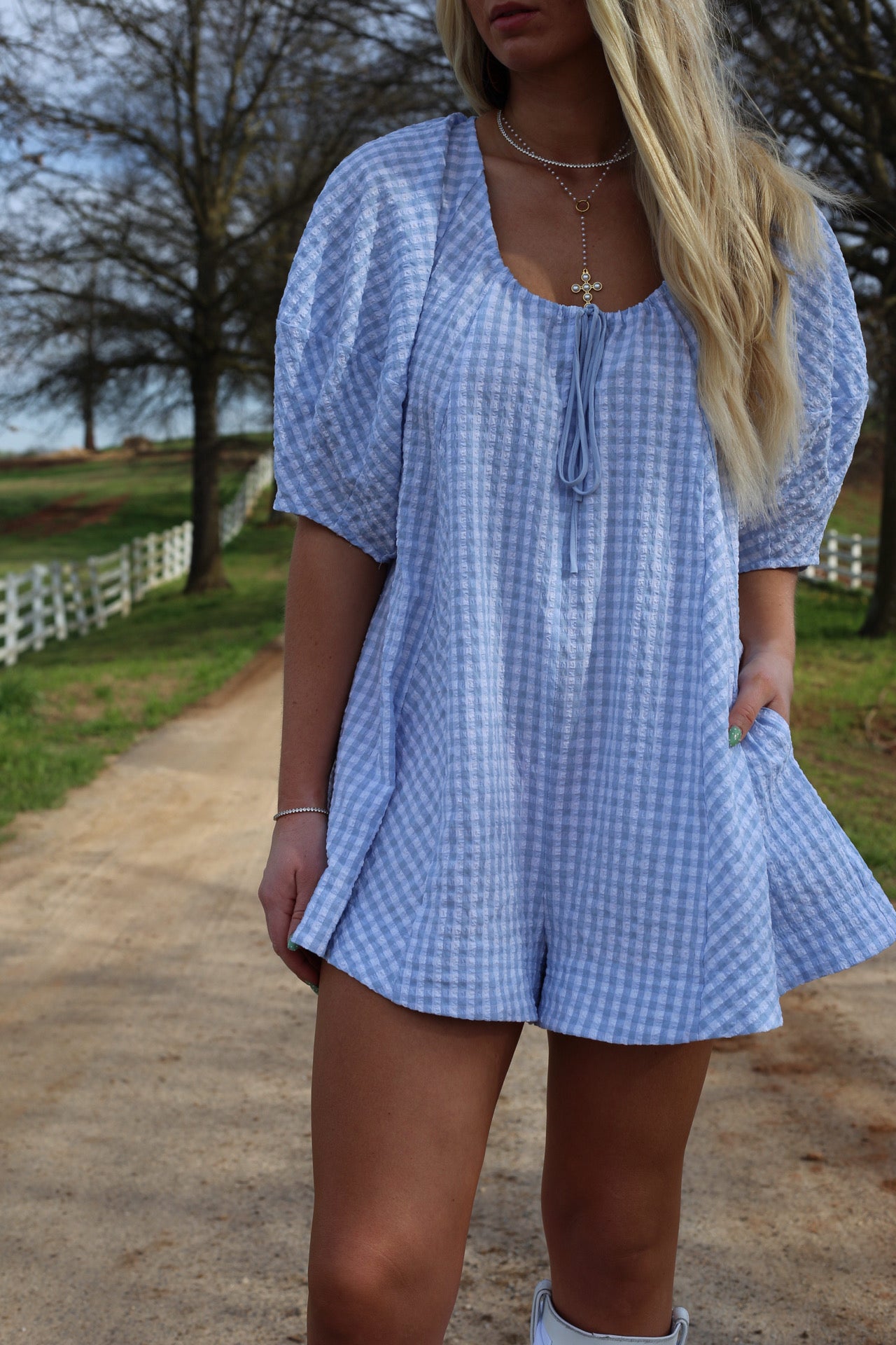 Adele Gingham Romper - Baby Blue