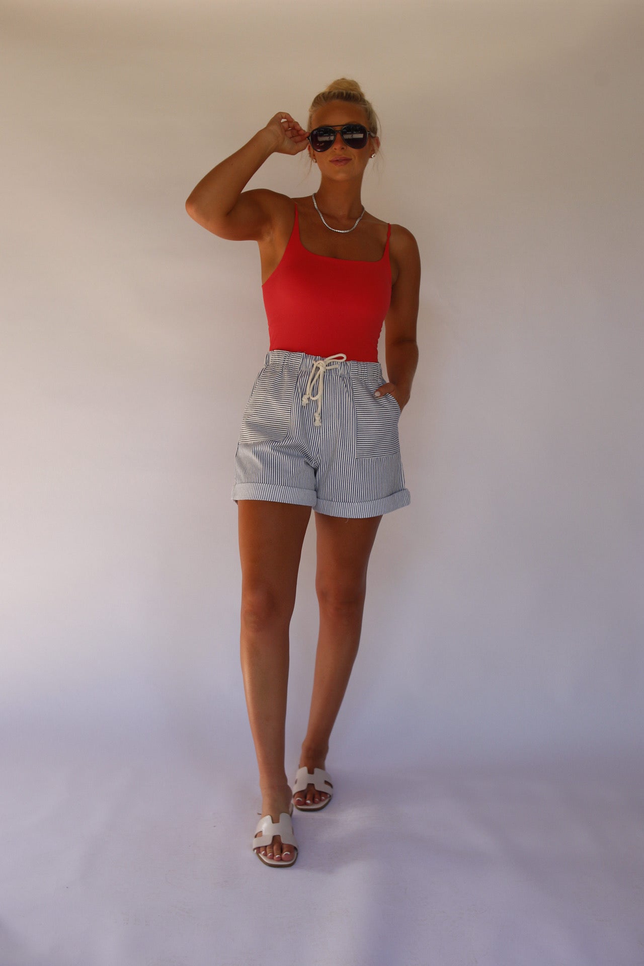 Cotton Striped Twill Shorts - Blue