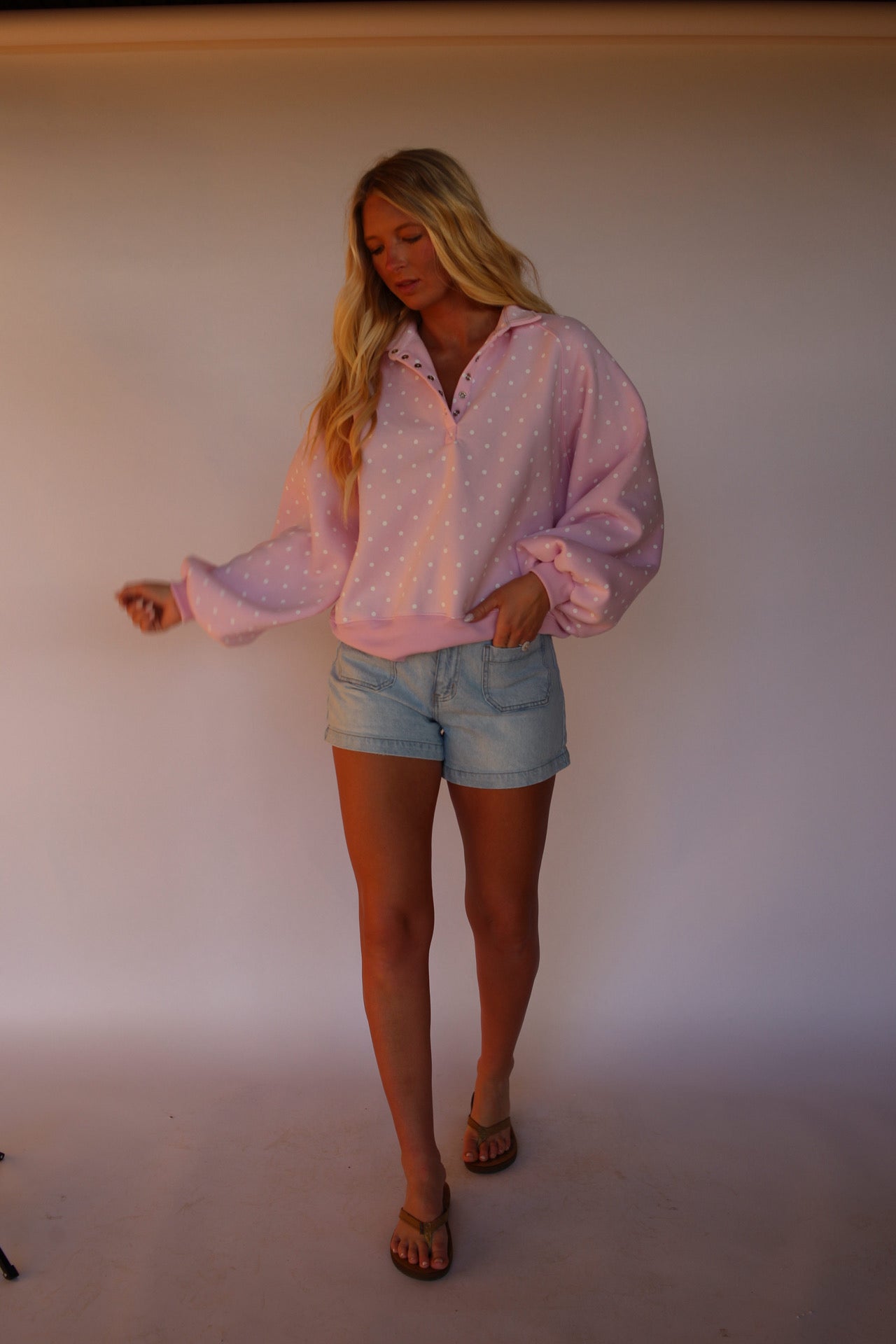 Polka Dot Button Pullover - Pink