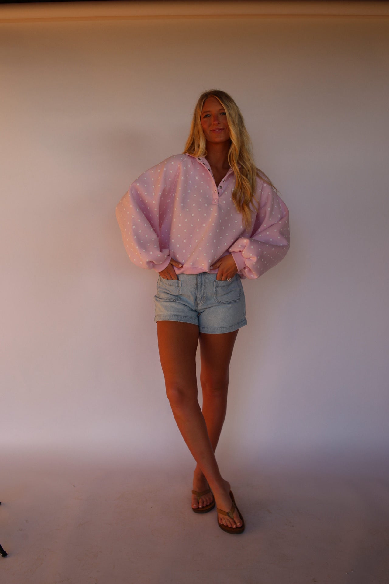 Polka Dot Button Pullover - Pink