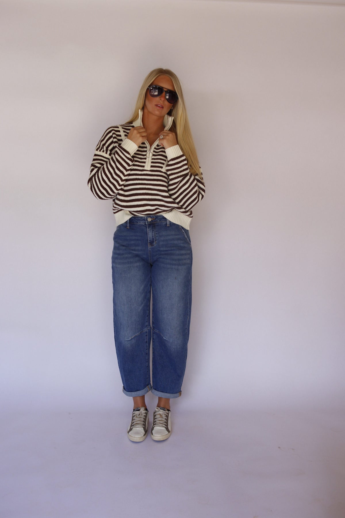 Riley Half-Zip Striped Sweater - Brown