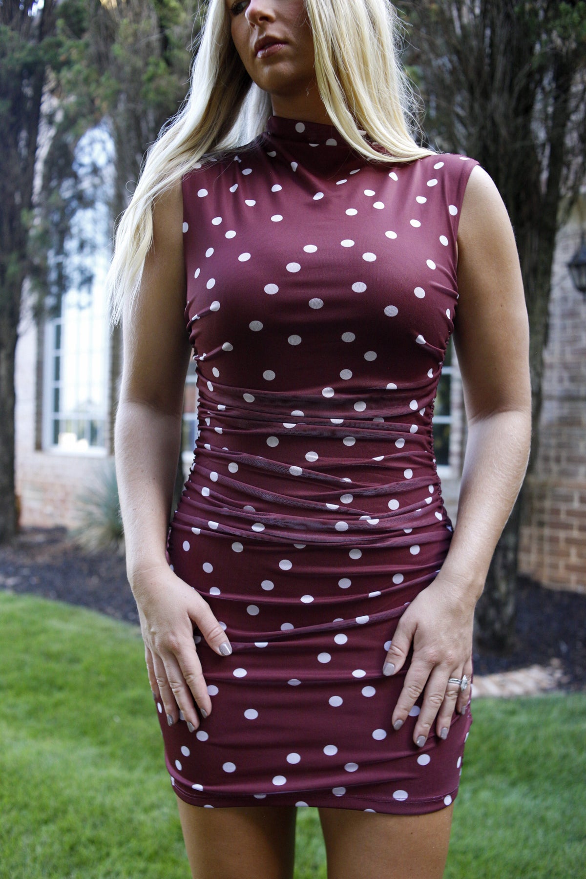 Mock Neck Polka Dot Dress - Maroon