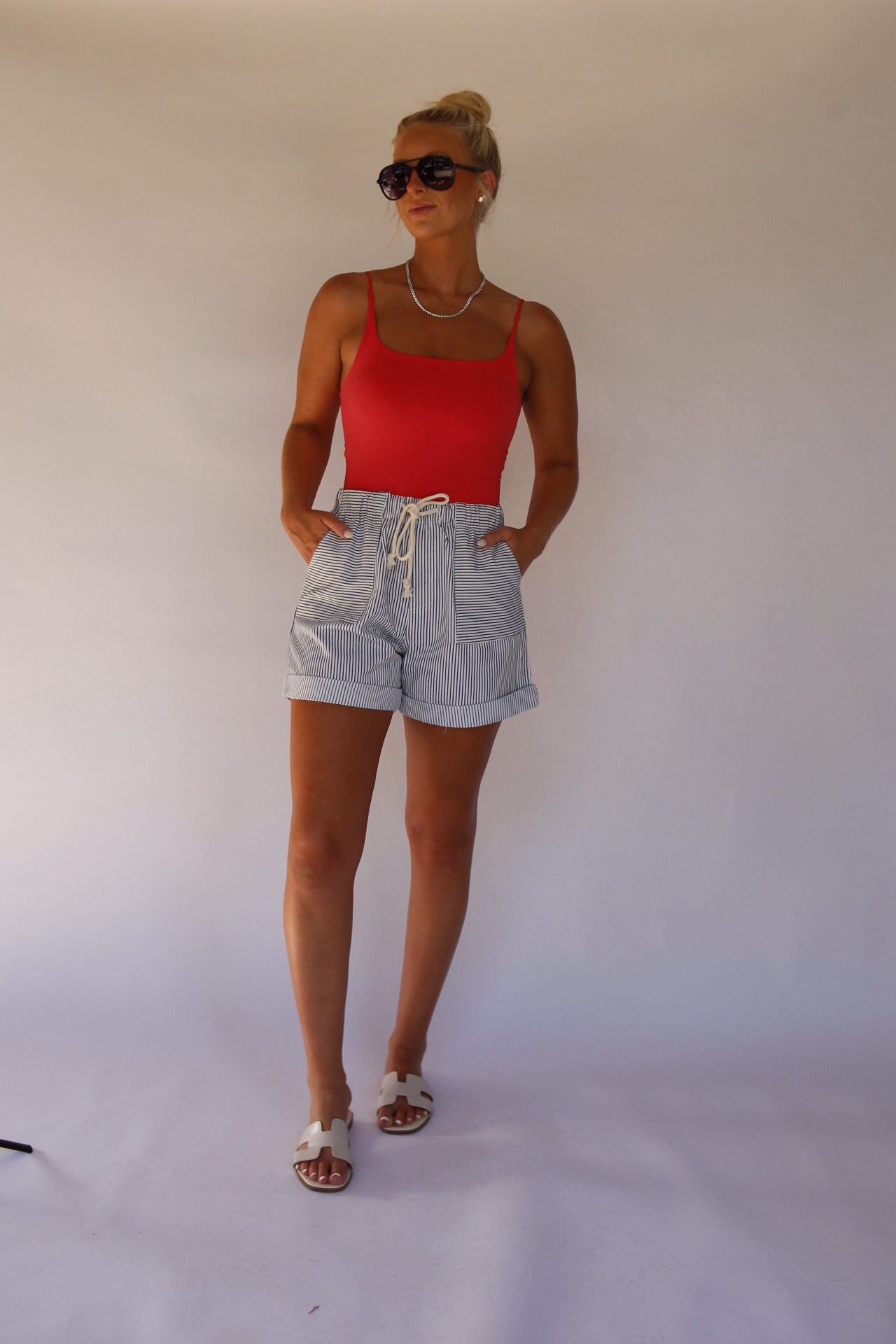 Cotton Striped Twill Shorts - Blue