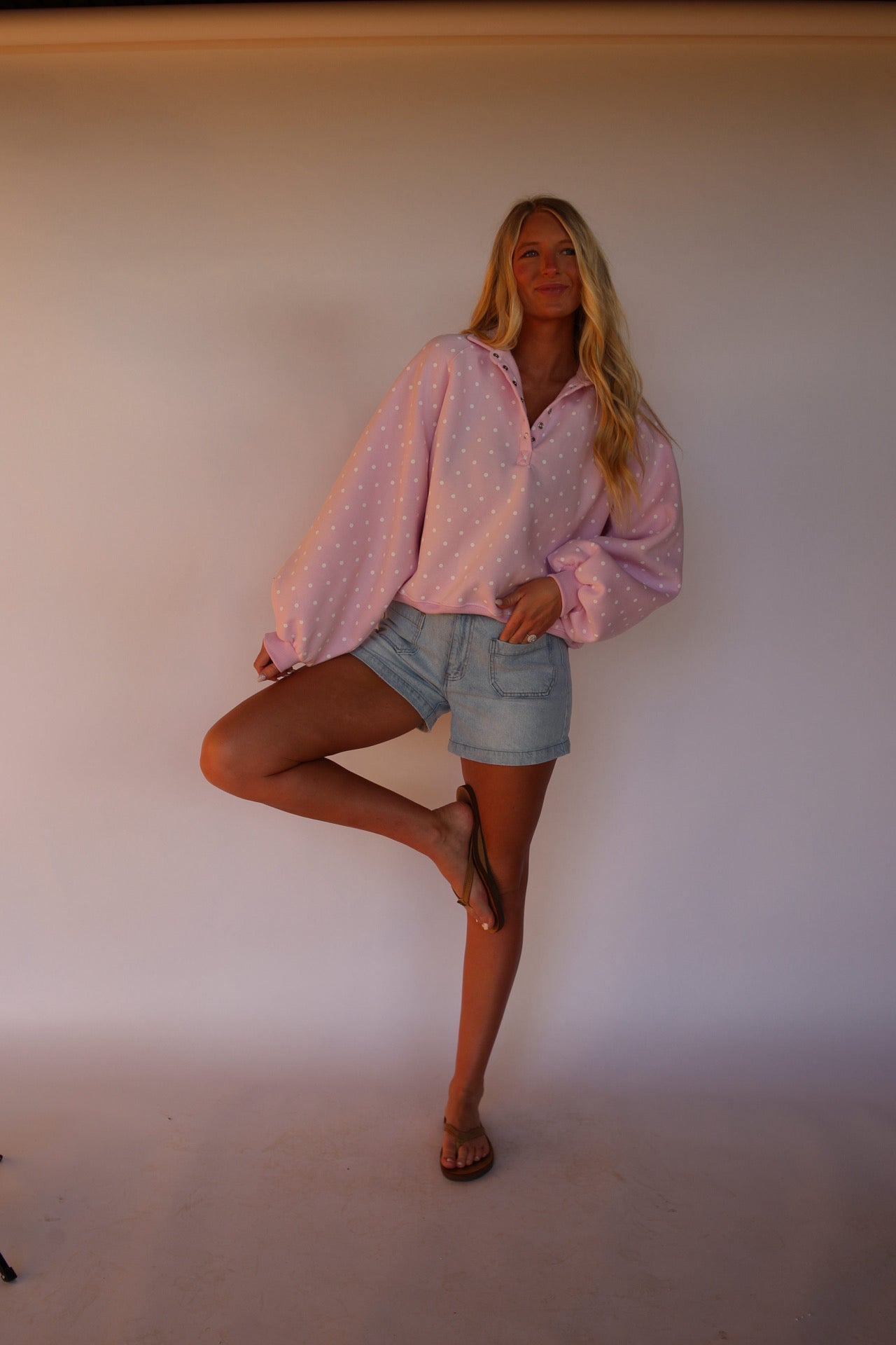 Polka Dot Button Pullover - Pink