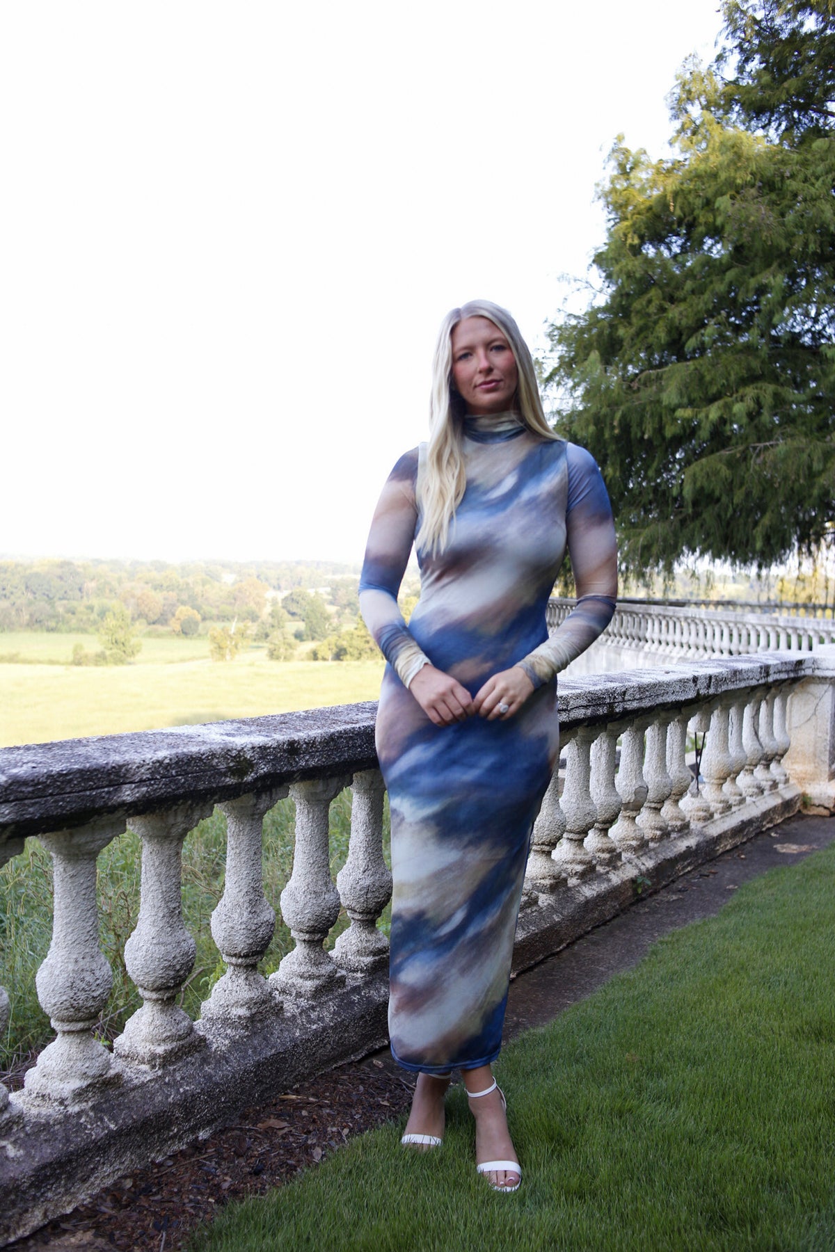 Kendal Mock Neck Mesh Midi Dress - Blue Multi