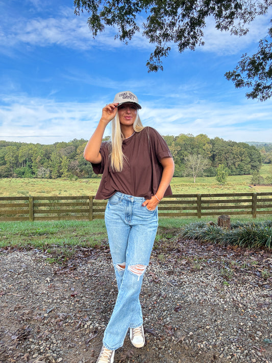 Juda Oversized Crop Box Tee - Brown