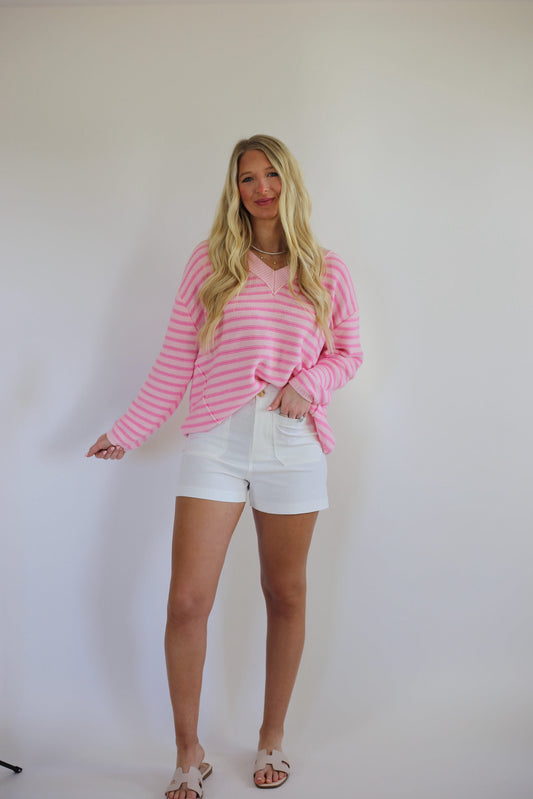 Daisy Stripe Sweater - Blush/Pink