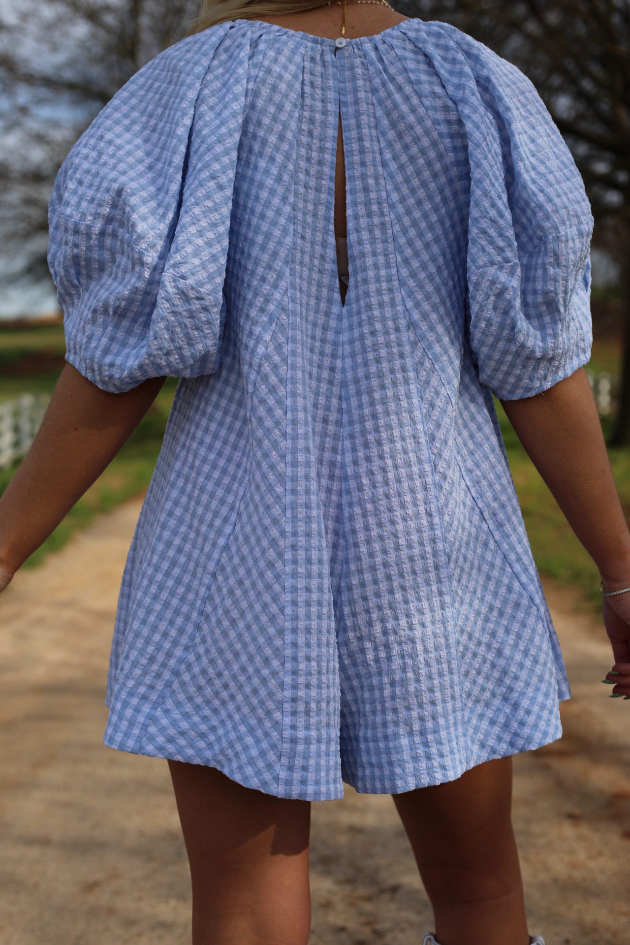 Adele Gingham Romper - Baby Blue
