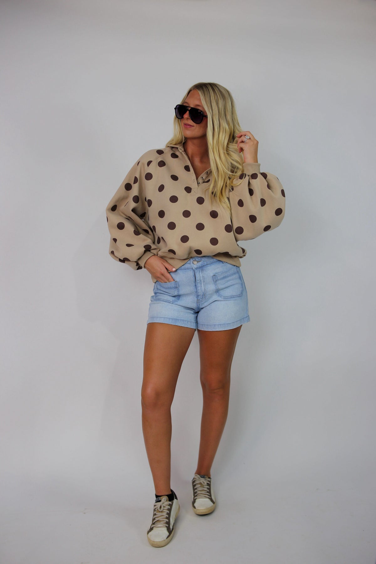 Polka Dot Button Pullover - Taupe/Brown