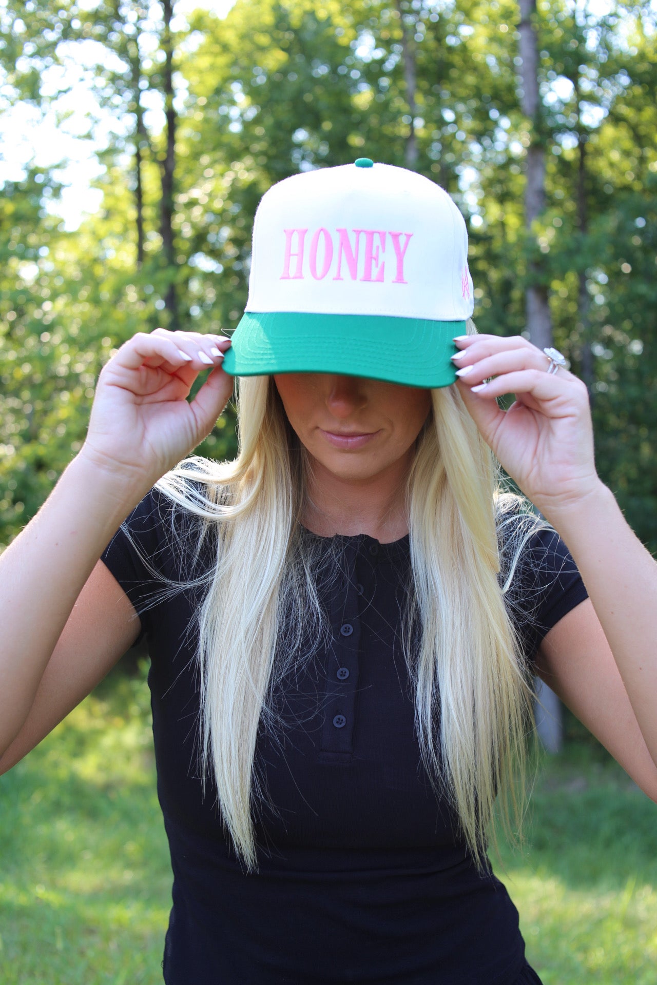"Honey" Embroidered Hat - Green/Pink