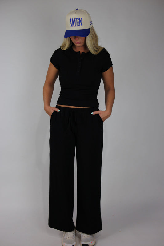 Elastic Waist Drawstring Wide Leg Pants - Black
