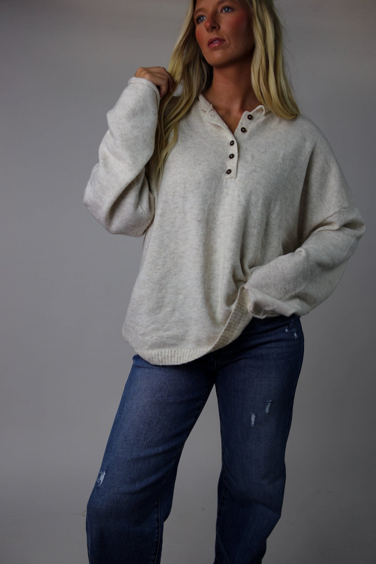 Selah Henley Relaxed Sweater - Oatmeal