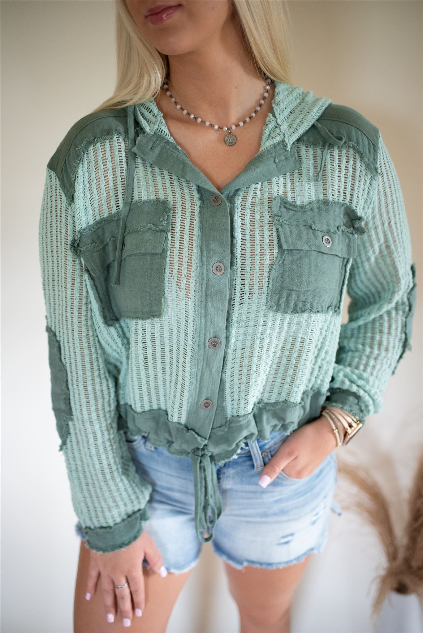 Crochet Contrast Sage Top FINAL SALE