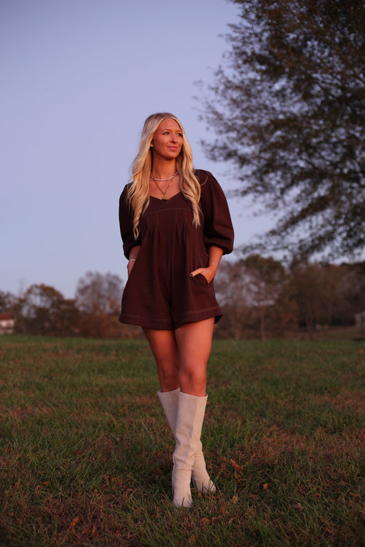 Mallie Denim Romper - Brown