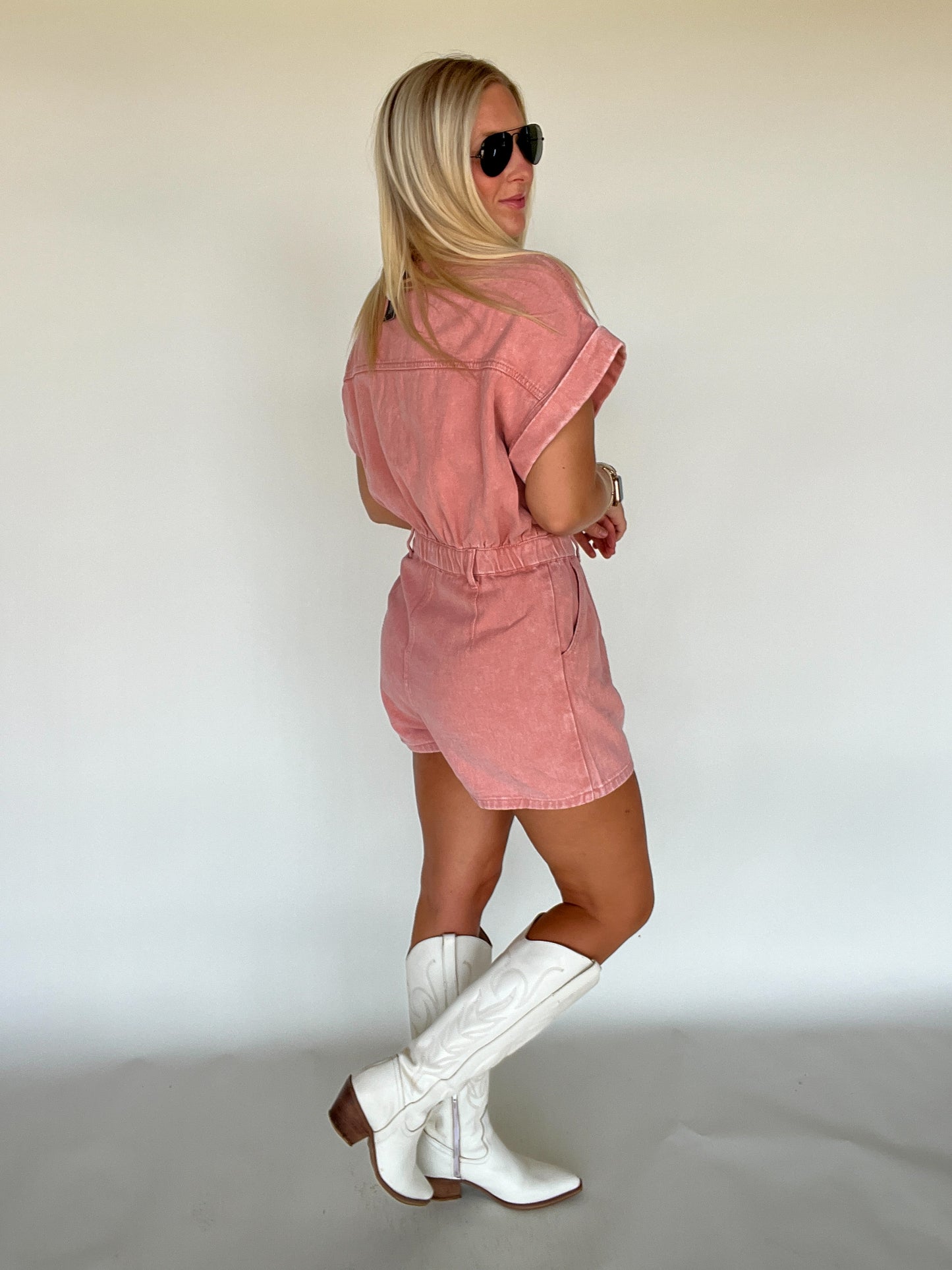 Quinn Vintage Denim Romper - Blush