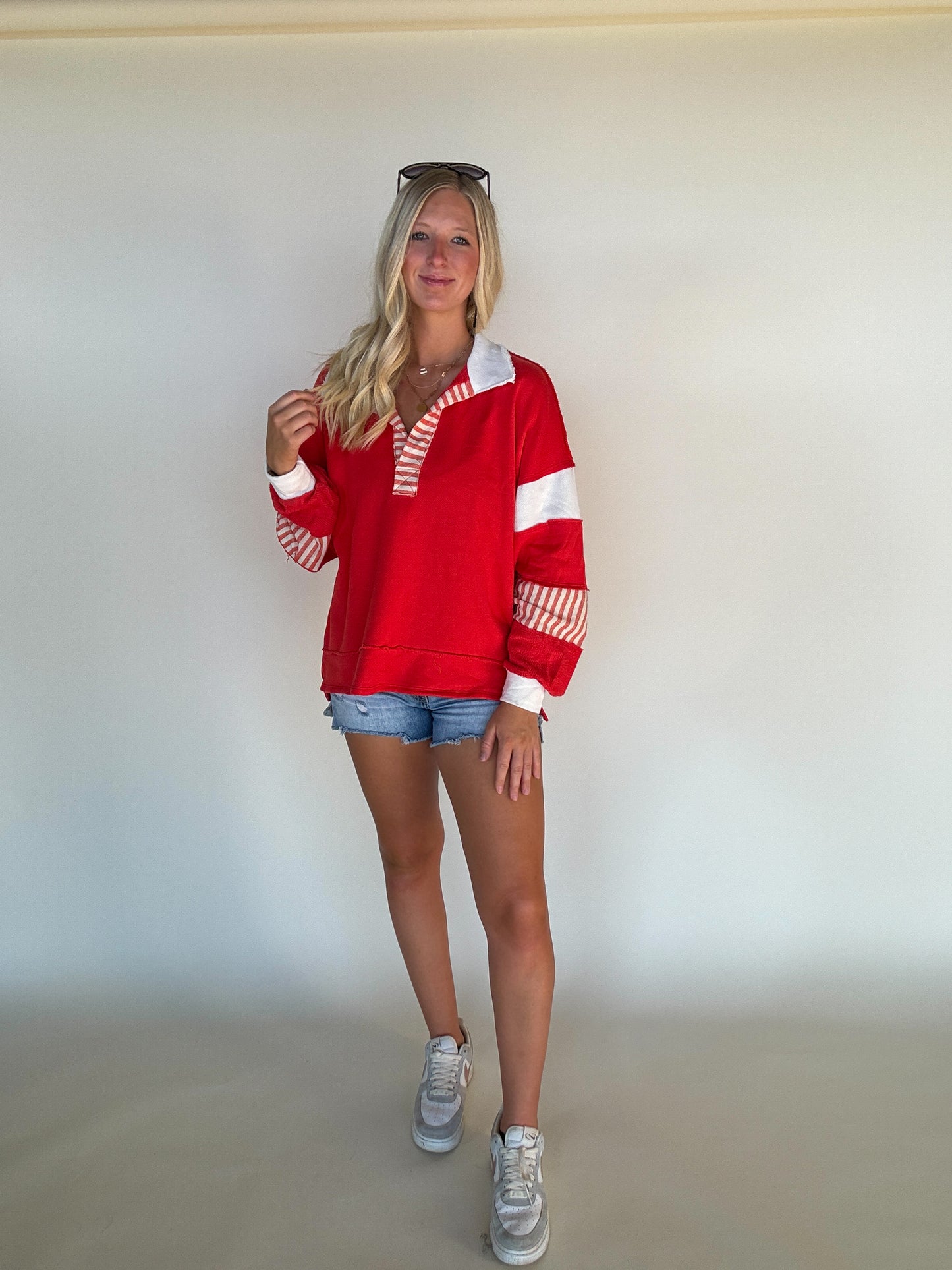French Terry Knit Color-Block Top - Red