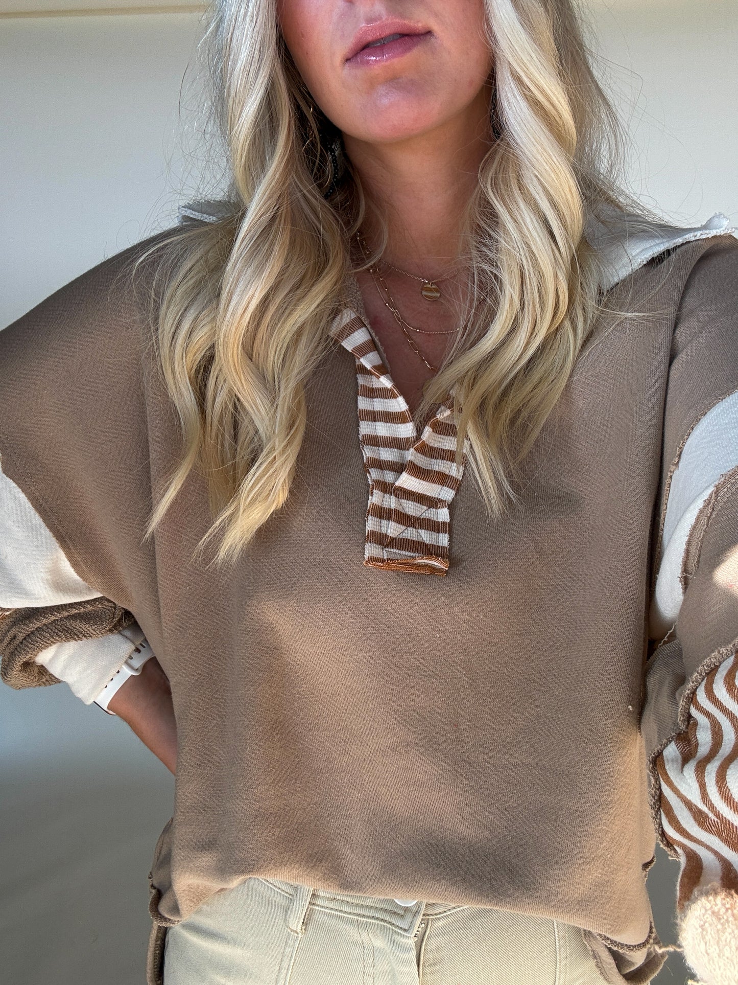 French Terry Knit Color-Block Top - Taupe