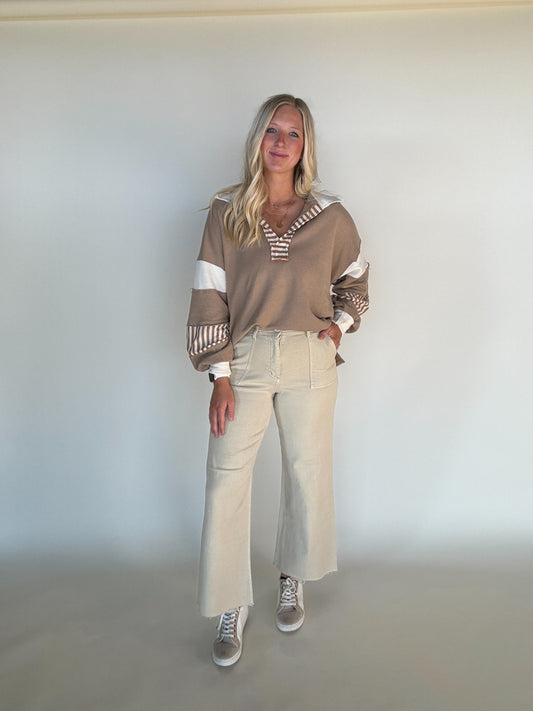 French Terry Knit Color-Block Top - Taupe