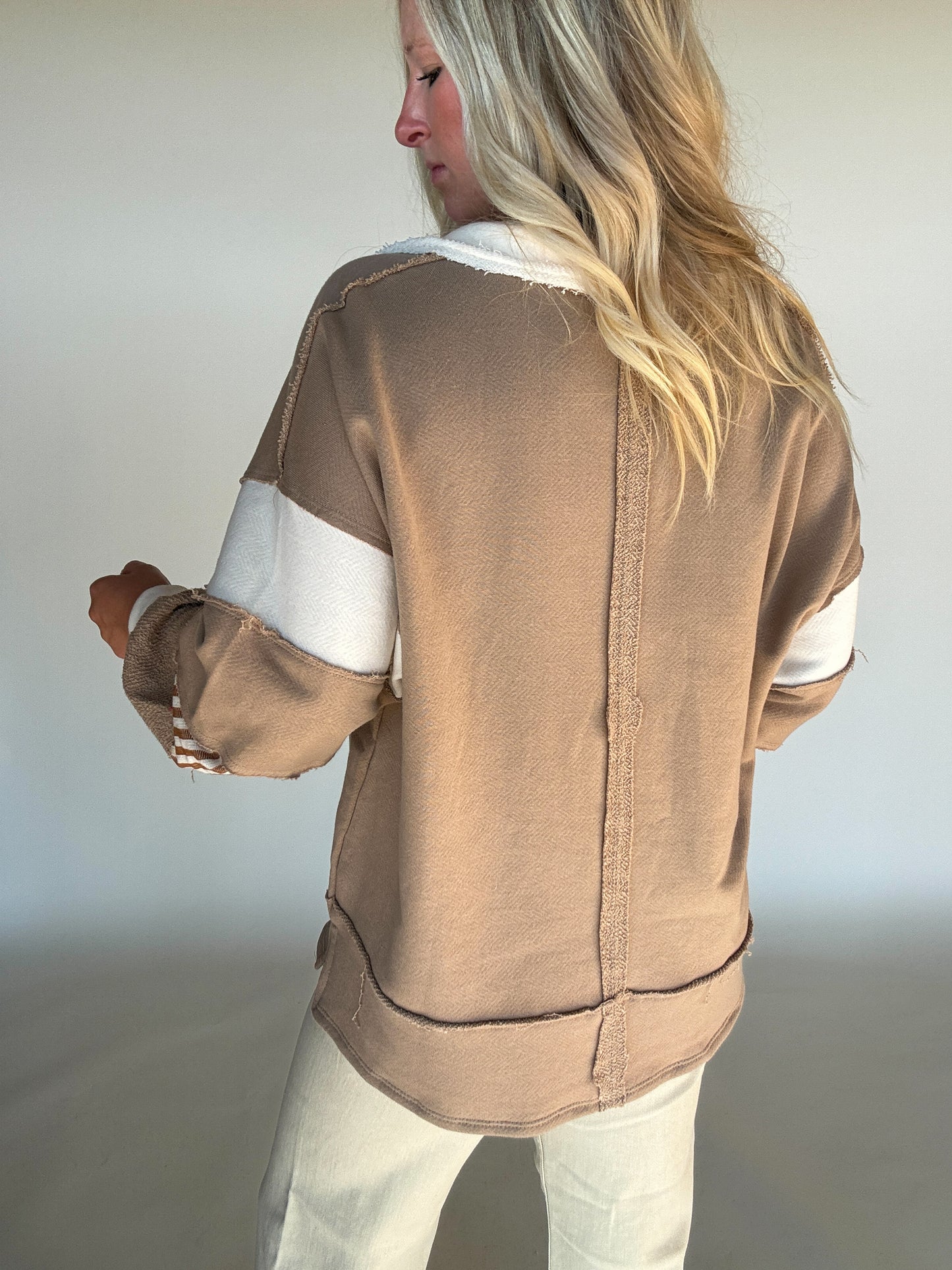 French Terry Knit Color-Block Top - Taupe