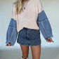 Fall Foliage Denim Sleeve Sweater - Ivory