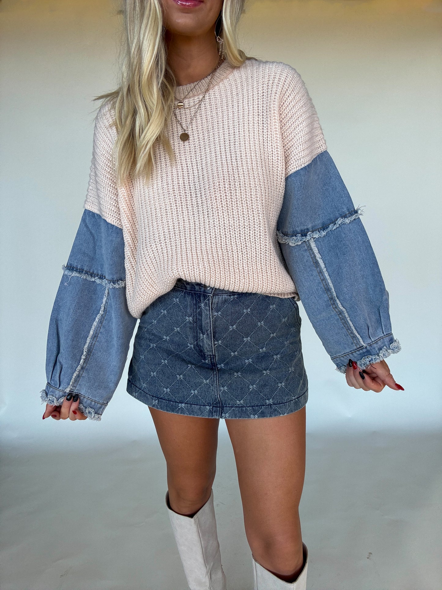 Fall Foliage Denim Sleeve Sweater - Ivory