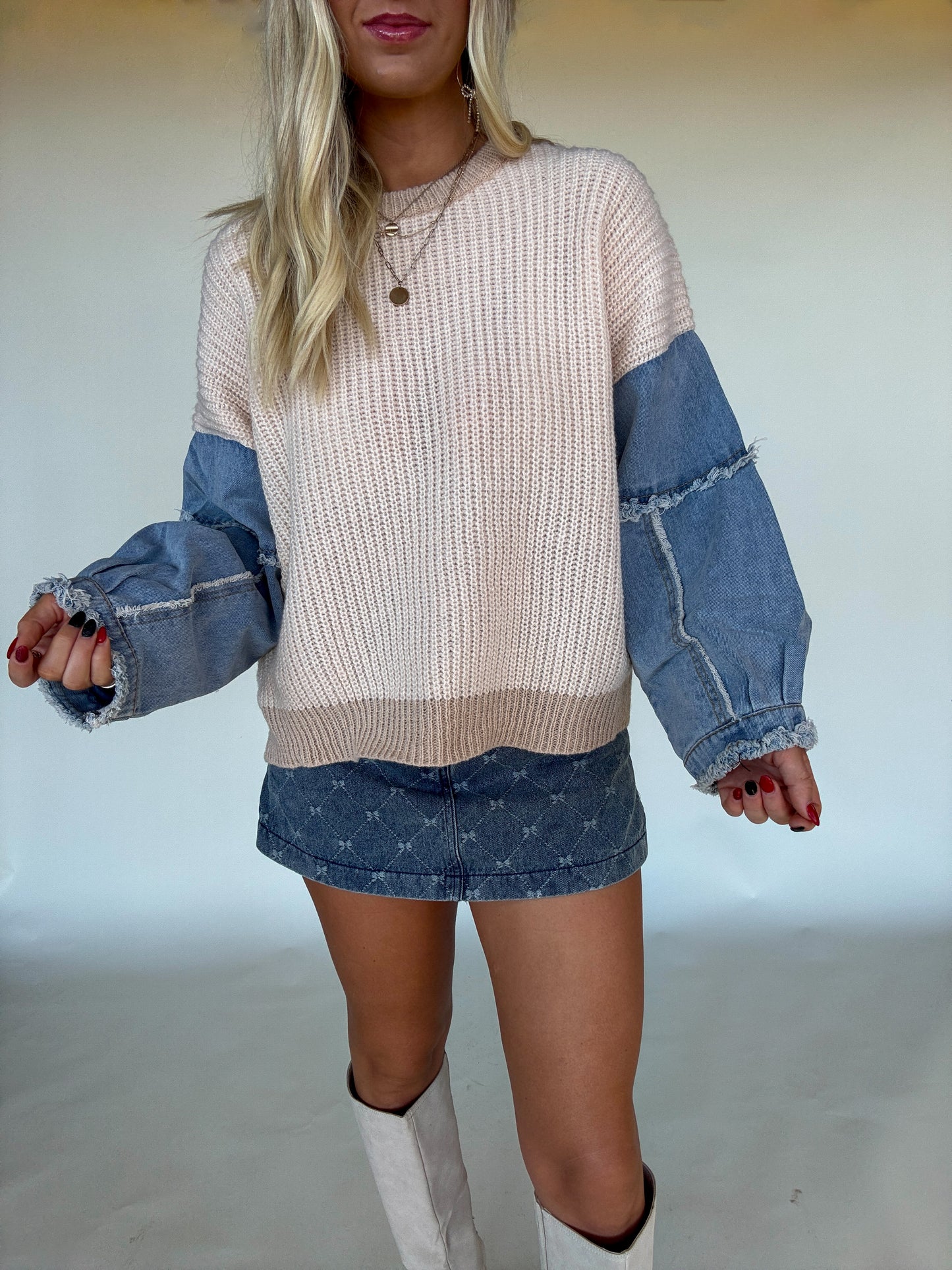 Fall Foliage Denim Sleeve Sweater - Ivory