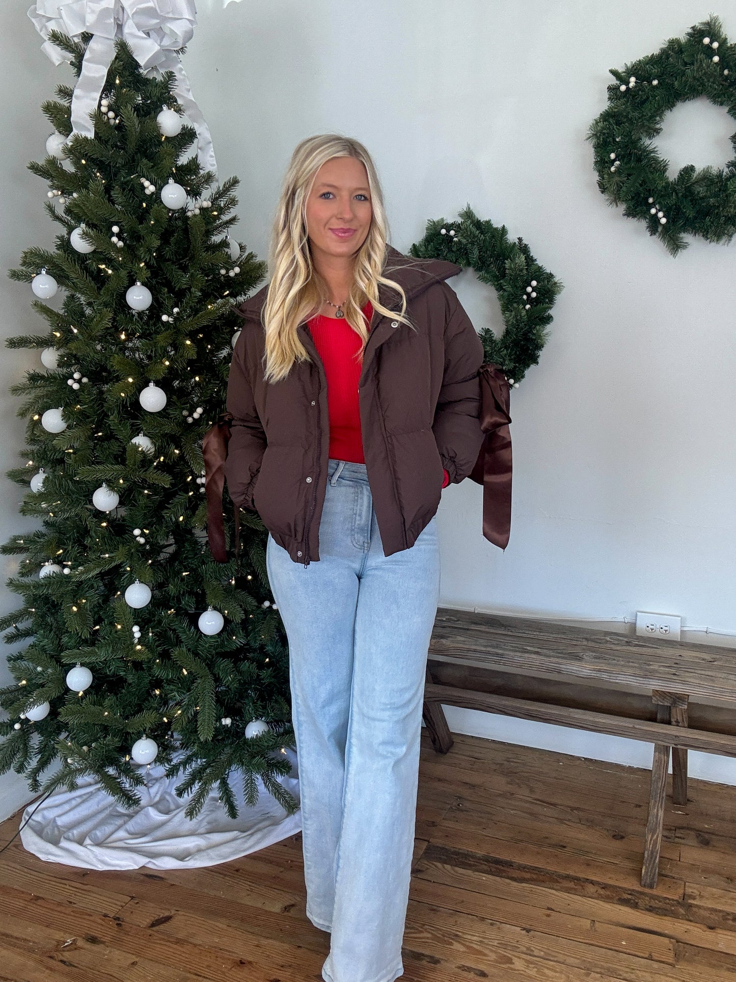 Ribbon Puffer Jacket - Chocolate