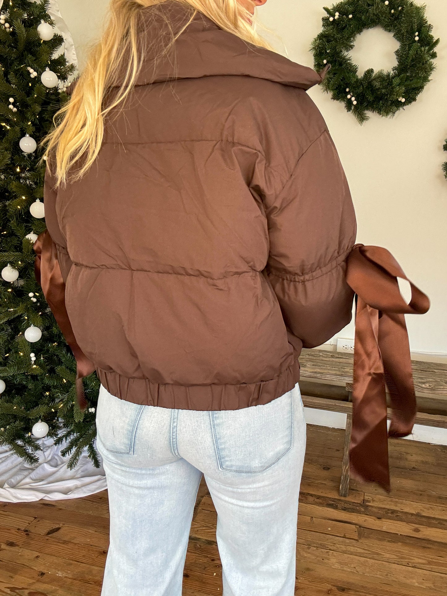 Ribbon Puffer Jacket - Chocolate