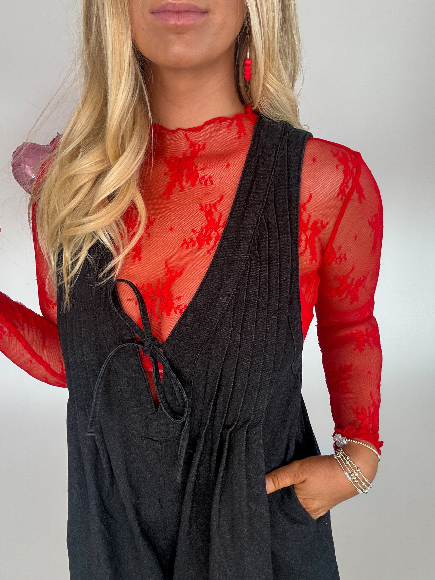 Speak Your Truth Mock Neck Lace Top - Red