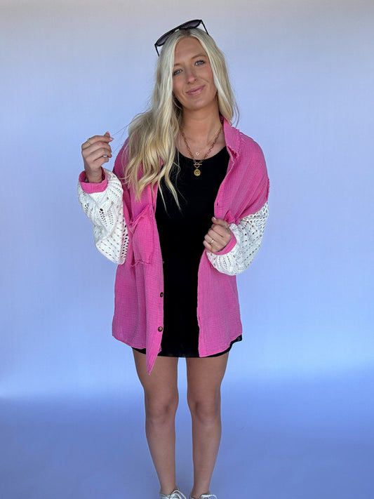 Crochet Sleeve Button Up - Bubble Gum