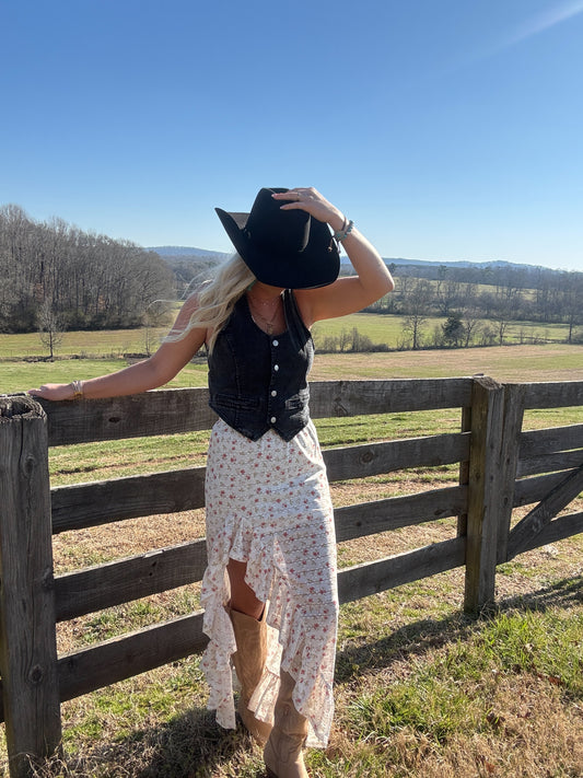 Sunset Floral Ruffle Slit Skirt