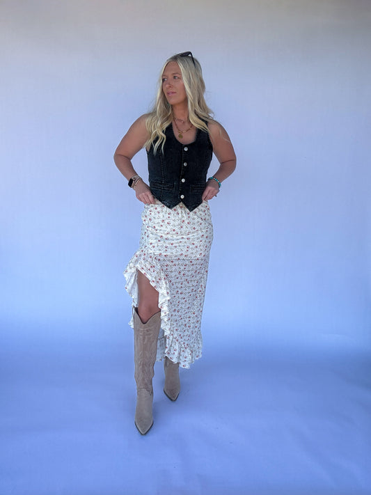 Sunset Floral Ruffle Slit Skirt