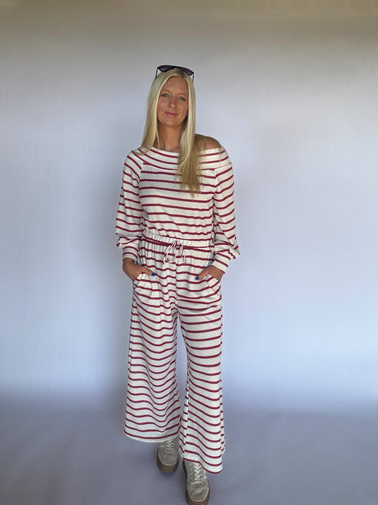 Shayla Striped Terry Jumpsuit - Off white/red