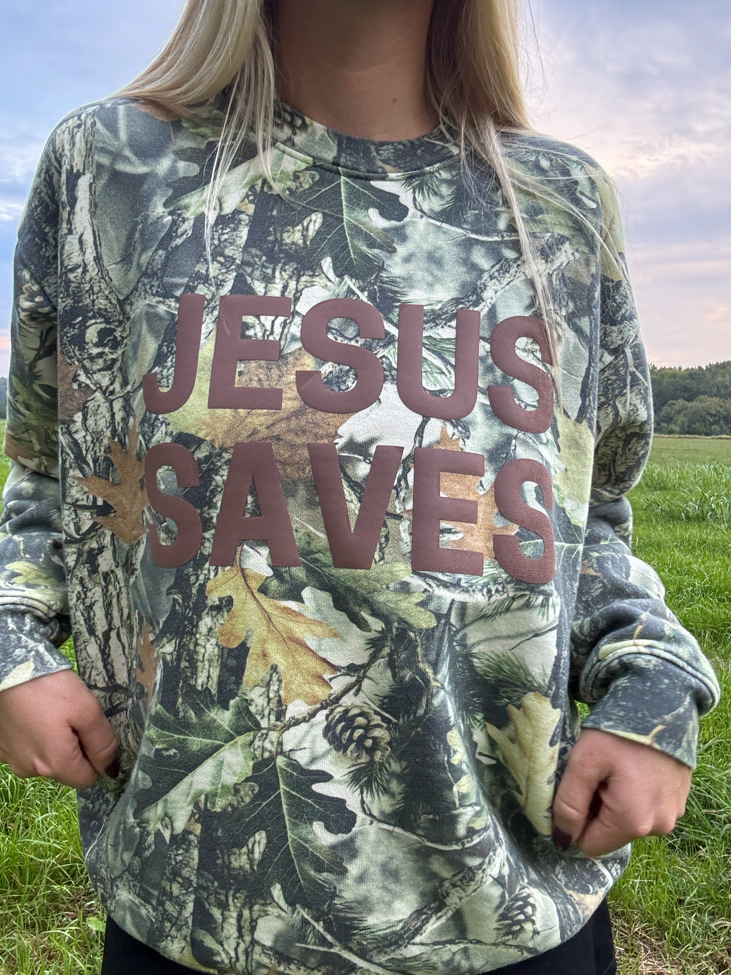 JESUS SAVES Camo Crewneck
