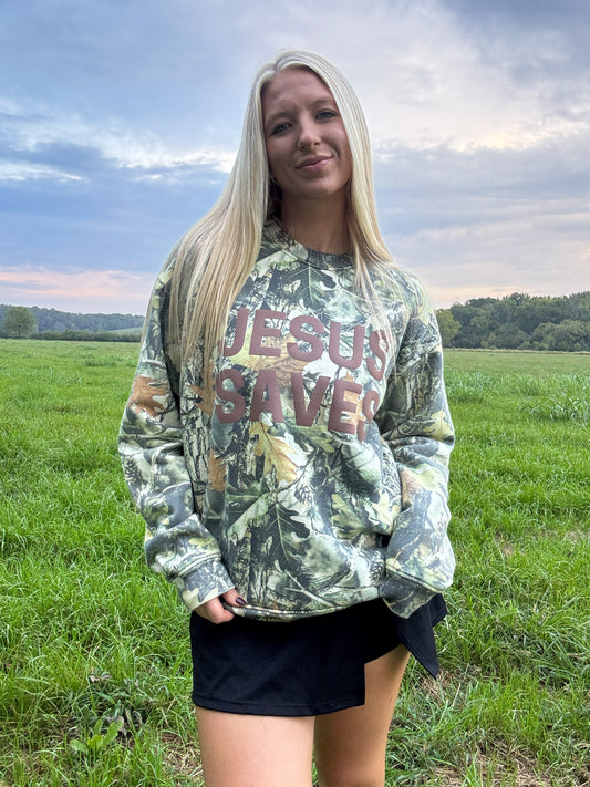 JESUS SAVES Camo Crewneck