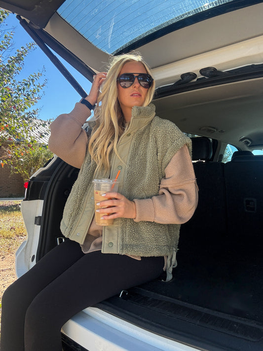 Cozy Up Sherpa Vest - Olive