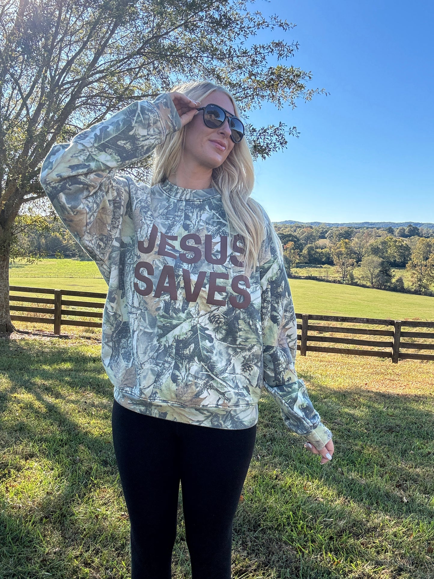 JESUS SAVES Camo Crewneck