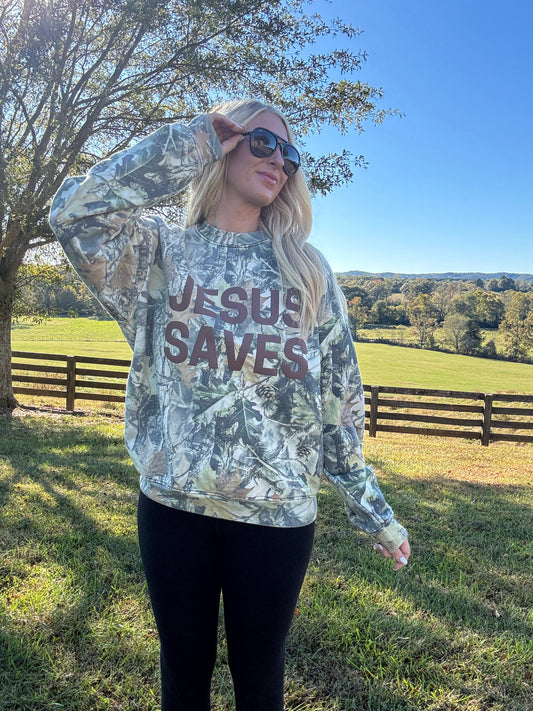 JESUS SAVES Camo Crewneck