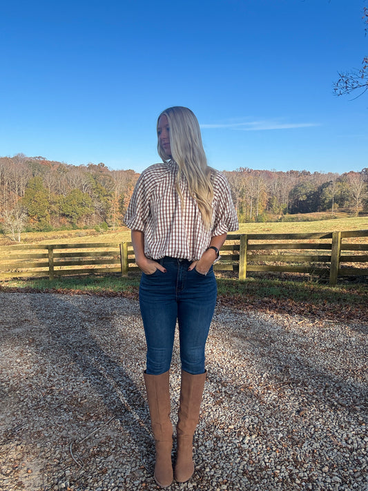 Gingham Balloon Top - Brown