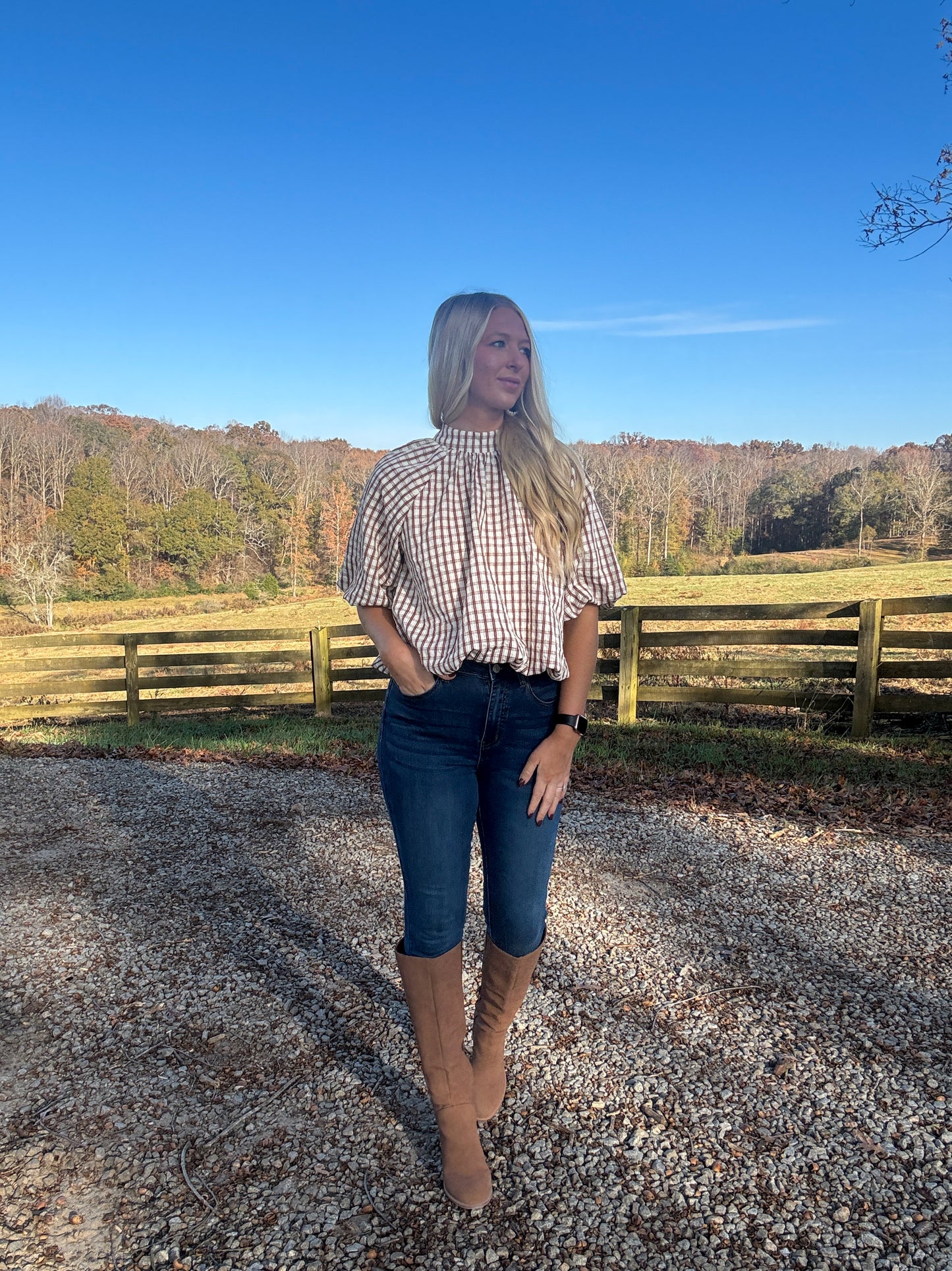 Gingham Balloon Top - Brown