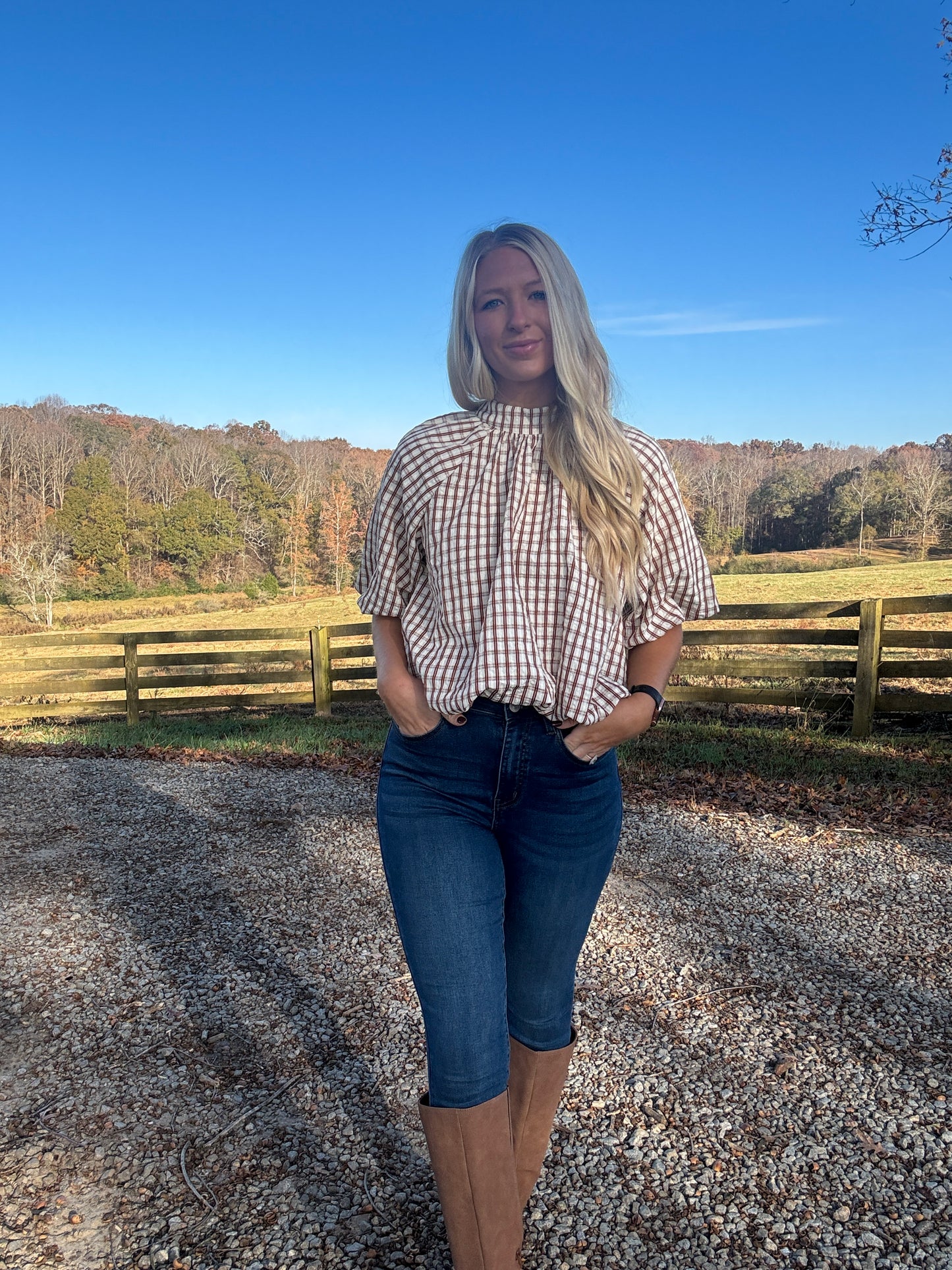 Gingham Balloon Top - Brown