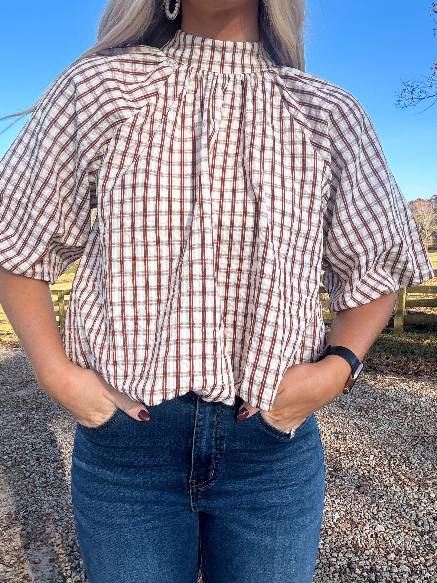 Gingham Balloon Top - Brown