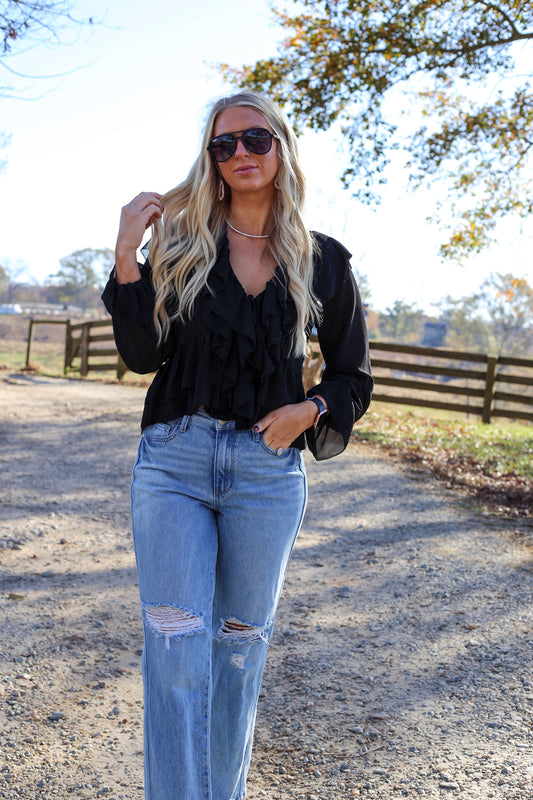Dallas Ruffle Tie Blouse - Black