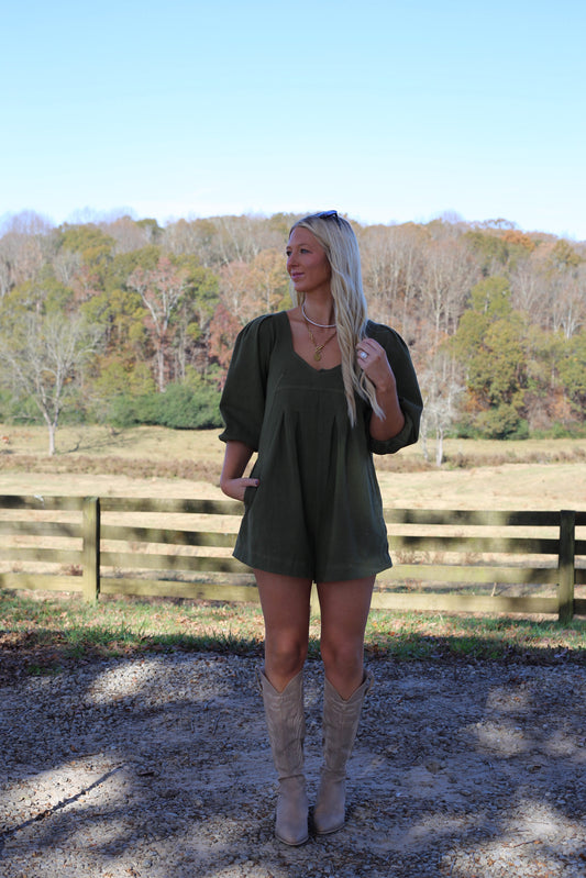 Mallie Denim Romper - Olive