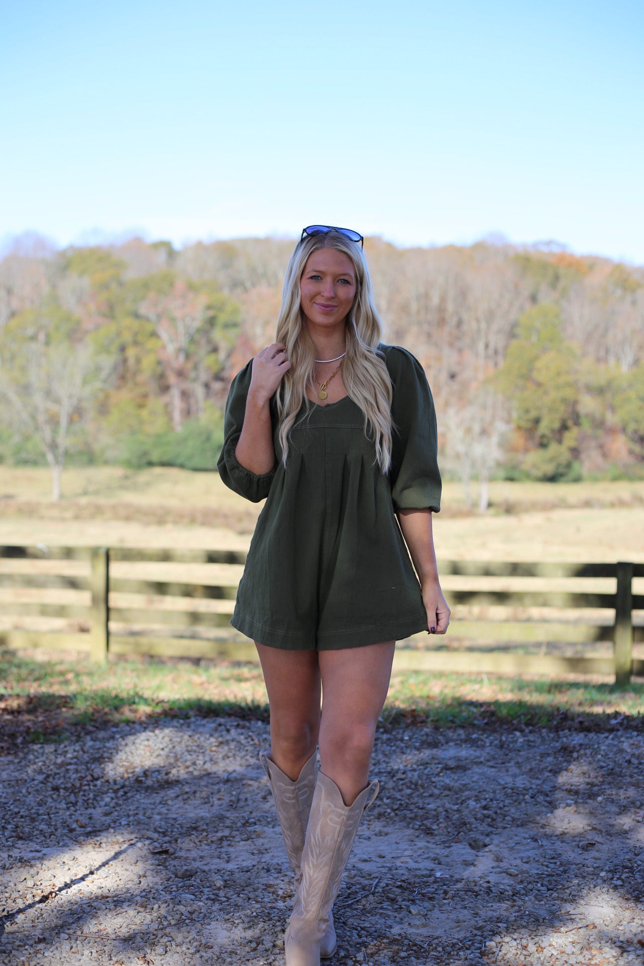 Mallie Denim Romper - Olive