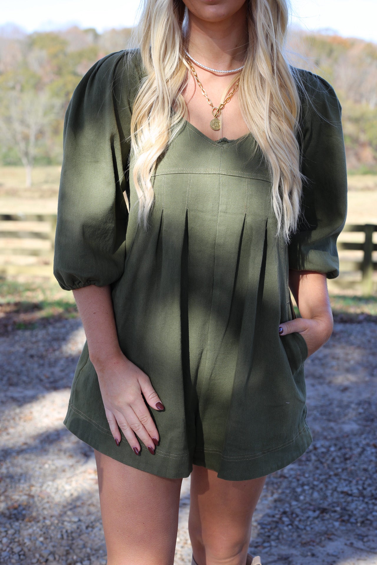 Mallie Denim Romper - Olive