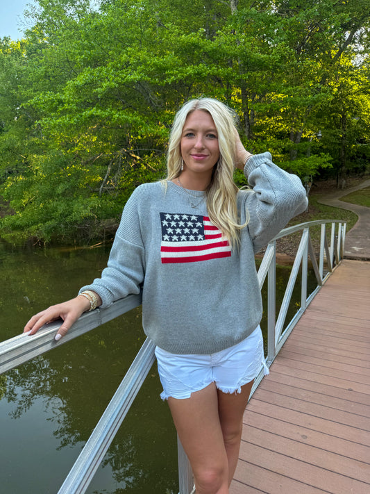 American Flag Oversized Sweater - Heather Gray
