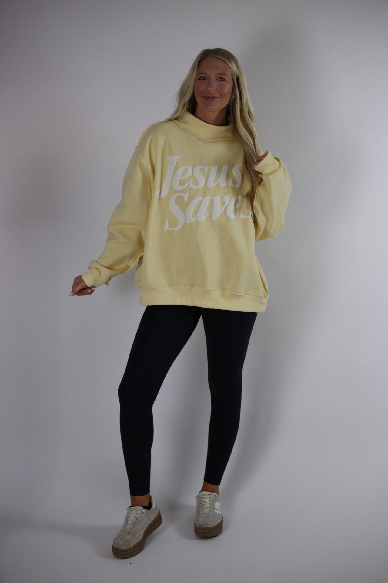 Jesus Saves Mock Neck Sweatshirt - Yellow